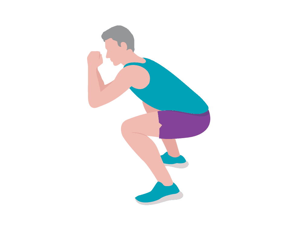 Caucasian man with gray hair wearing shorts and a tank shirt doing a squat